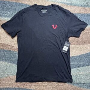 True Religion Men's Navy T-Shirt with Pink Logo